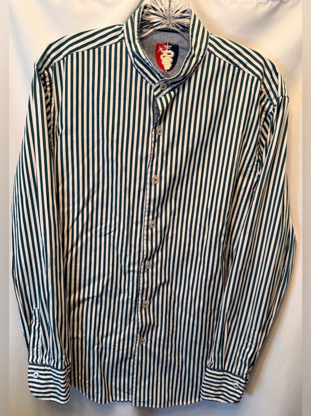 Boggi Milano Men’s M Band Collar Long Sleeve Button Up Shirt Green White Italian